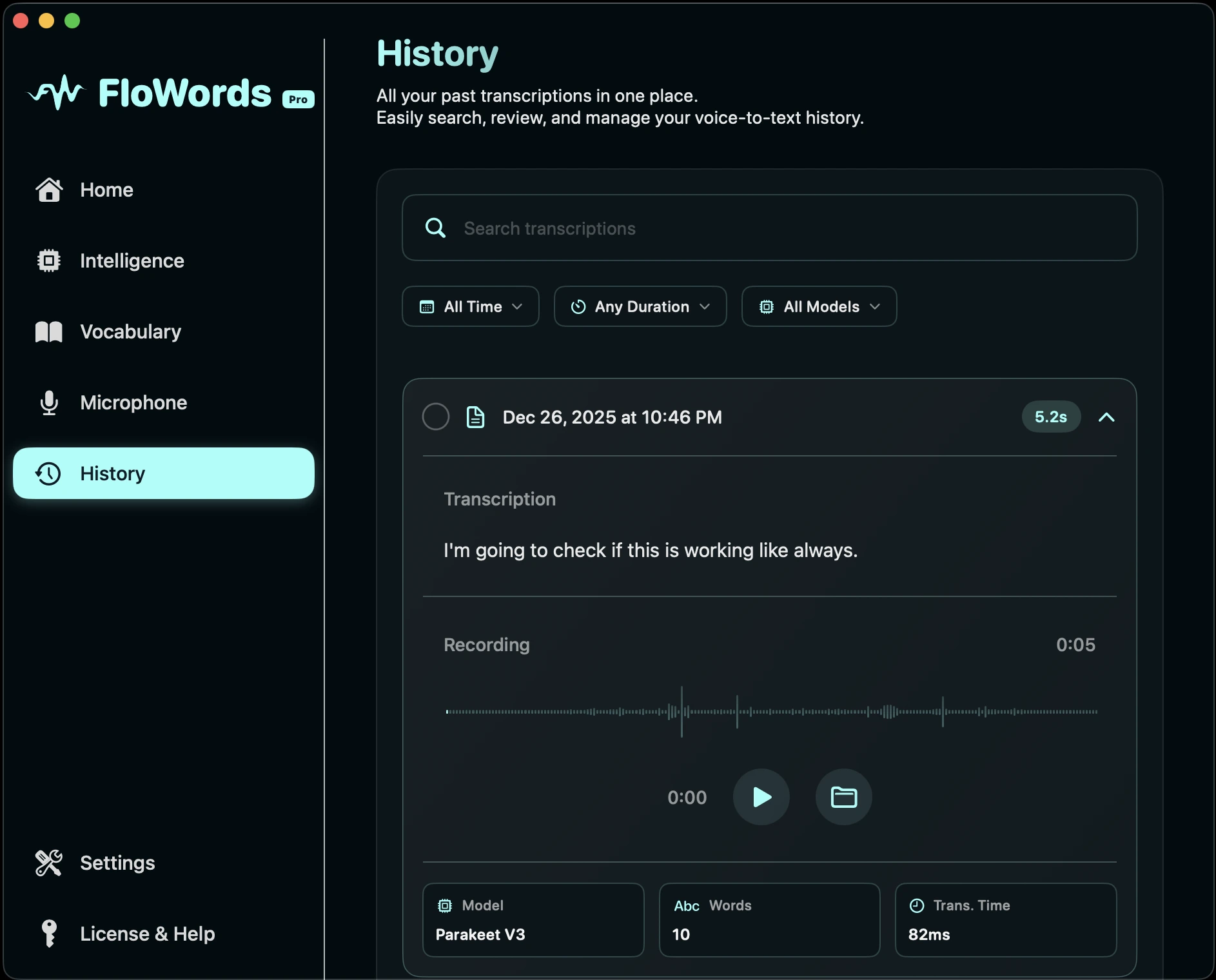 FloWords History — transcription history and recordings