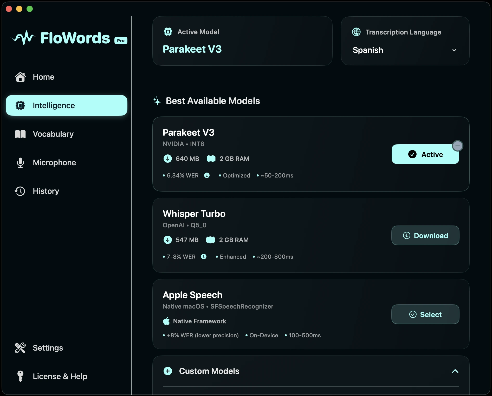 FloWords Intelligence — AI transcription models management