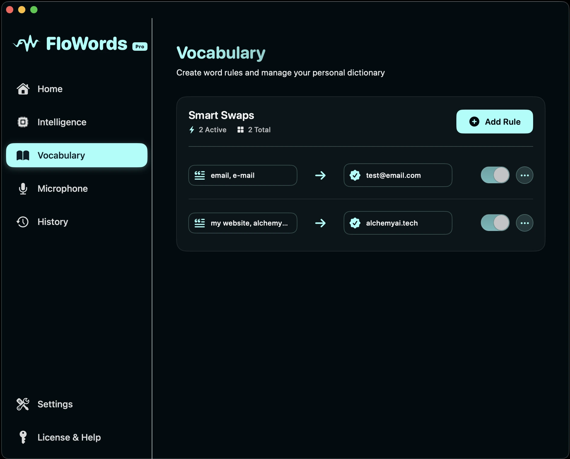 FloWords Vocabulary — smart word replacements dictionary